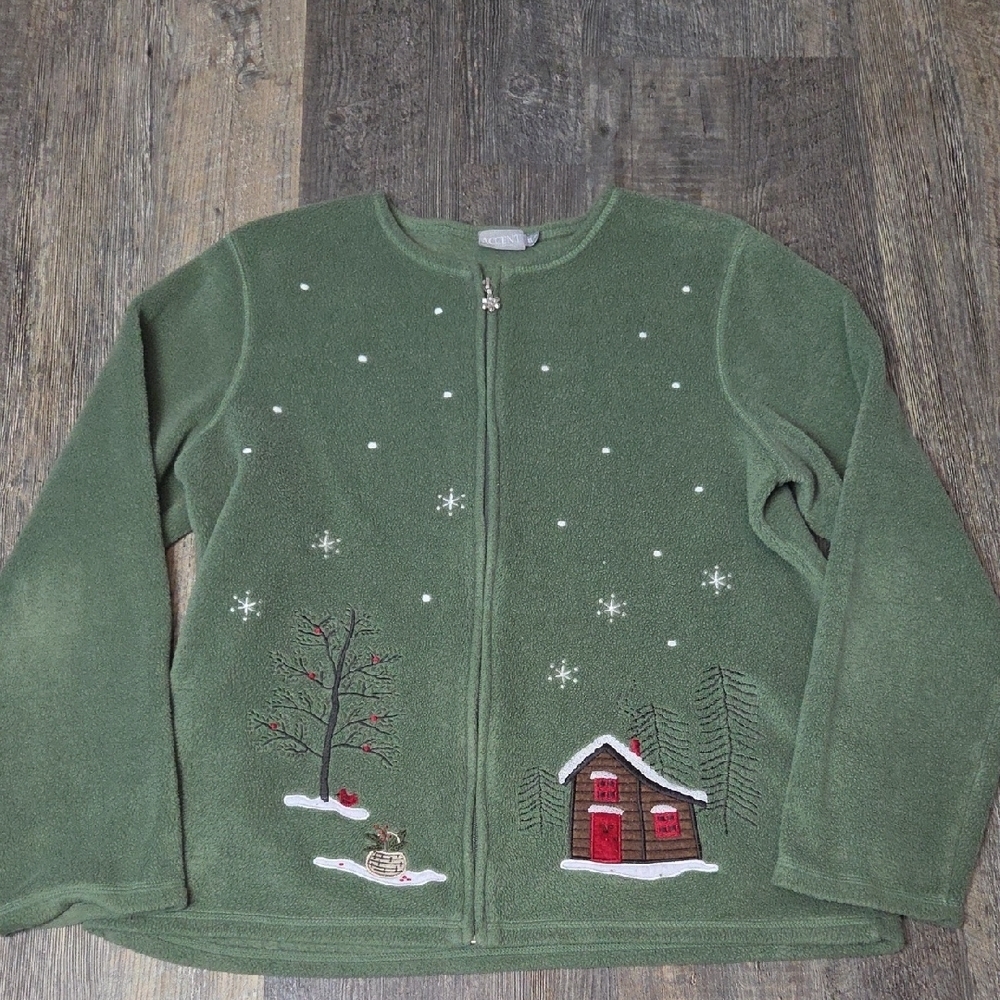 Green Fleece Cardigan with Winter Scene Embroidery